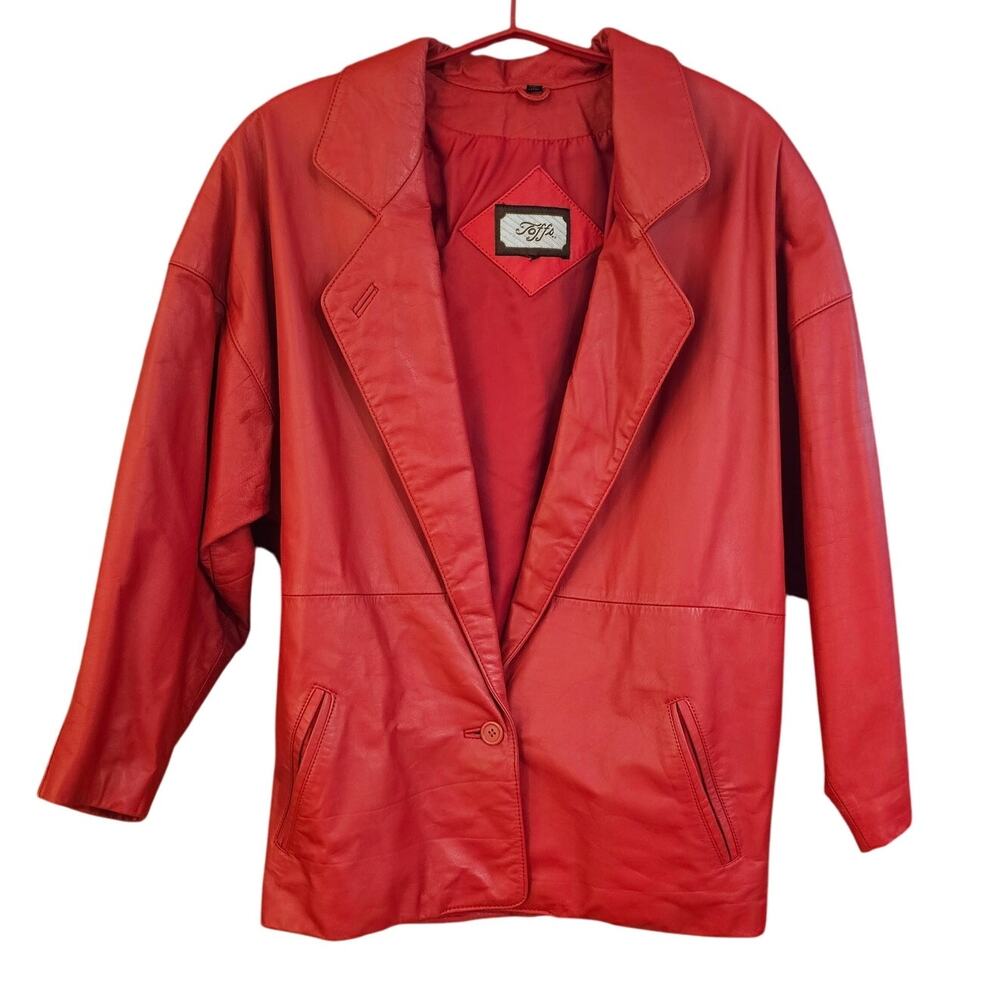Vintage Toffs Red Genuine Leather One Button Collared Blazer Jacket  1980s Retro
